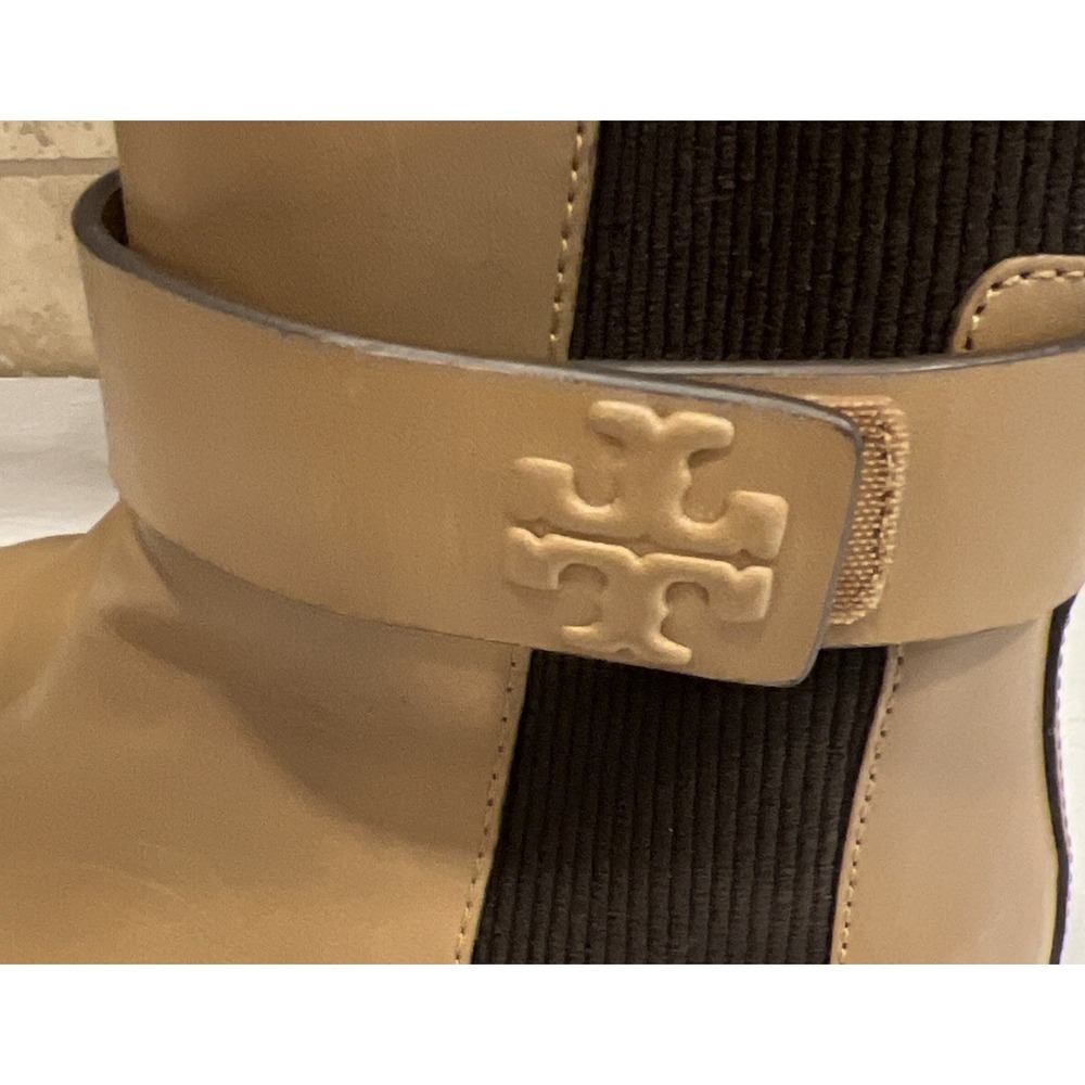 TORY BURCH Double T Chelsea Flat Leather Bootie Tan Women's Size 6.5 - Picture 5 of 9